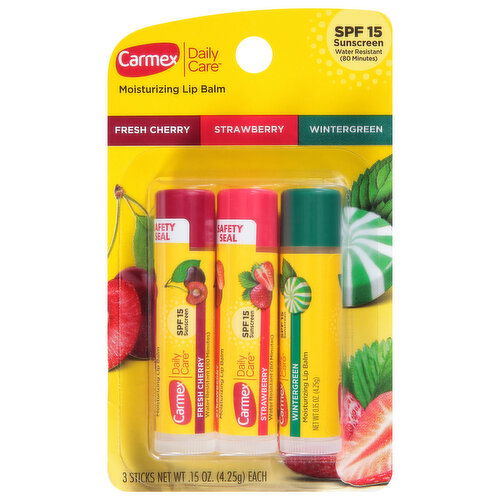 Carmex Daily Care Lip Balm, Moisturizing, Fresh Cherry/Strawberry/Wintergreen, SPF 15