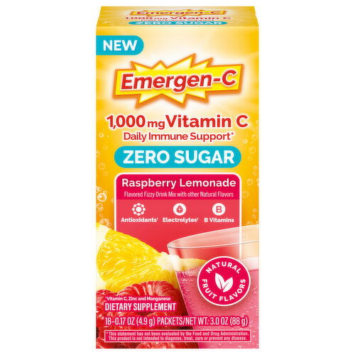 Emergen-C Immune Support, Zero Sugar, 1,000 mg, Vitamin C, Raspberry Lemonade, Daily, Packets