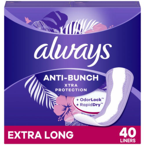 Always Daily Liners Always Anti-Bunch Xtra Protection Daily Liners, Extra Long, Unscented, 40 CT