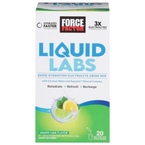 Force Factor Liquid Labs Electrolyte Drink Mix, Rapid Rehydration, Lemon-Lime Flavor