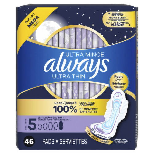 Always Ultra Thin Overnight Pads, Size 5, Extra Heavy, Unscented