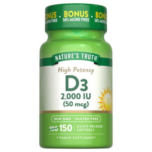 Nature's Truth Vitamin D3, High Potency, 50 mcg, Softgels