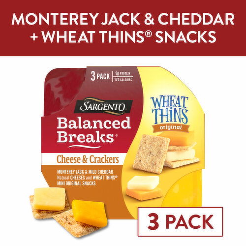 SARGENTO Balanced Breaks® Cheese & Crackers, Monterey Jack & Mild Cheddar Natural Cheeses and WHEAT THINS® Mini Original Snacks Snack Kit, 3-Pack