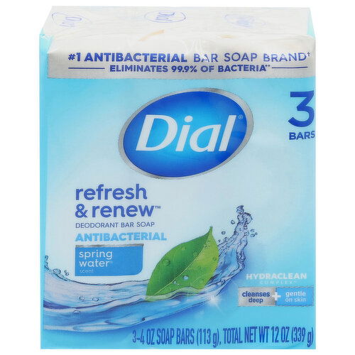 Dial Refresh & Renew Bar Soap, Deodorant, Antibacterial, Spring Water Scent