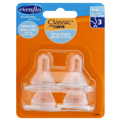 Evenflo Classic Nipples, Silicone, Fast Flow 3, 6+ M