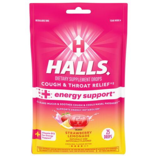 HALLS Cough and Throat Relief + Energy Support, Strawberry Lemonade Cough Drops, 25 Drops