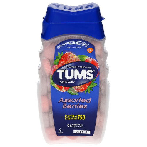 Tums Antacid, Extra Strength, 750 mg, Chewable Tablets, Assorted Berries