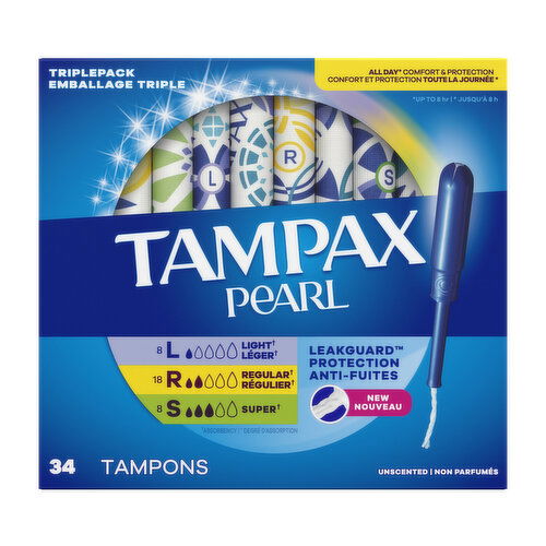 Tampax Pearl Tampax Pearl Tampons Multipack with LeakGuard Braid, Light/Regular/Super, 34 Ct