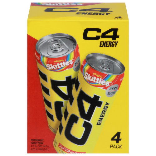 C4 Energy Drink, Performance, Zero Sugar, Original Skittles, 4 Pack