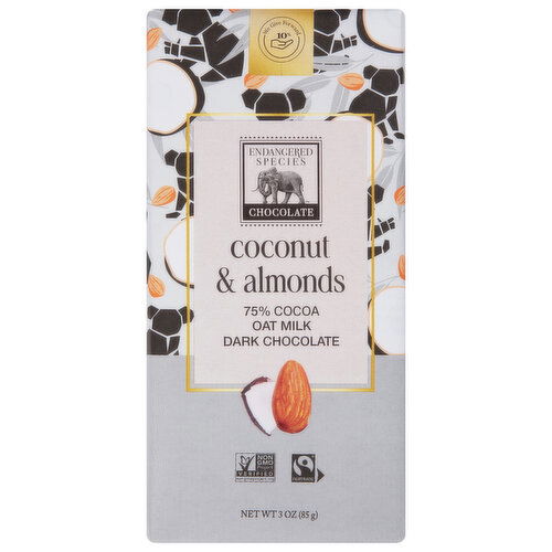 Endangered Species Dark Chocolate, Coconut & Almonds, 75% Cocoa, Oat Milk