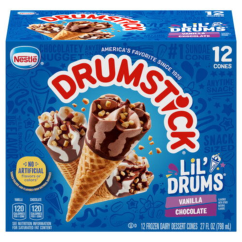 Drumstick Lil' Drums Frozen Dairy Dessert Cones, Vanilla/Chocolate