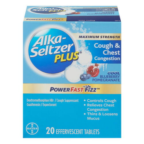 Alka-Seltzer Plus PowerFast Fizz Cough & Chest Congestion, Maximum Strength, Effervescent Tablets, Cool Blueberry Pomegranate