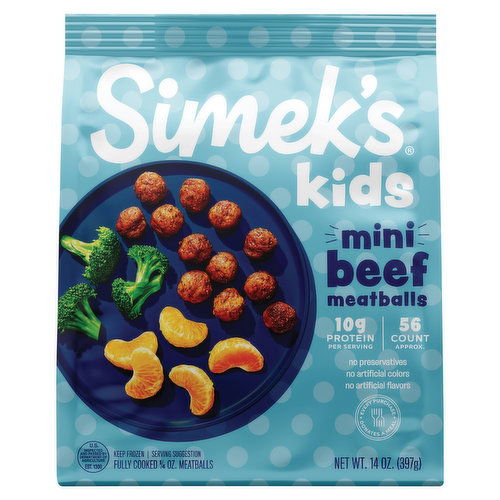 Simek's Kids 1/4 ounce mini meatballs for kids. Free from preservative, artificial colors and artificial flavors.
