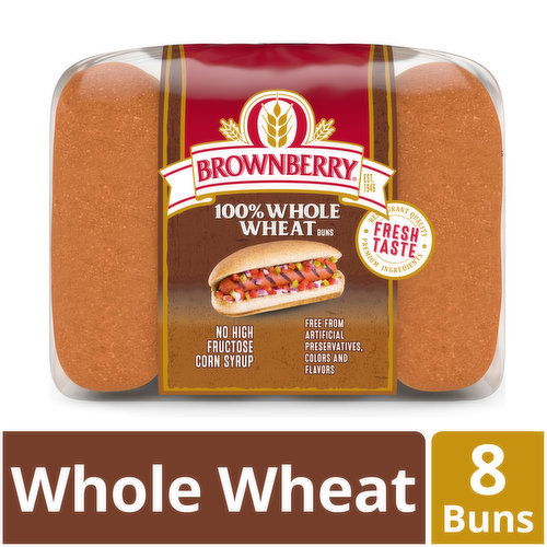 Brownberry Brownberry Whole Grains 100% Whole Wheat Hot Dog Buns, Soft & Hearty, 8 Buns, 16 oz