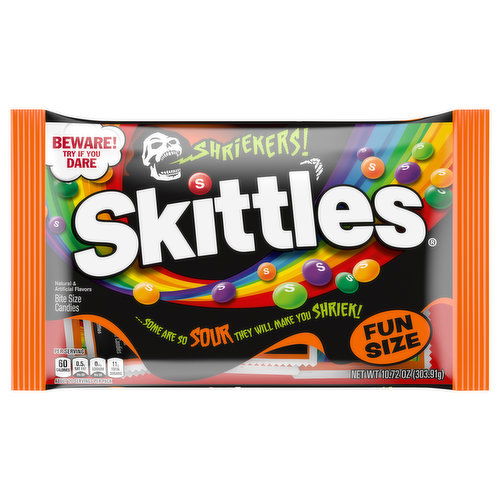 Skittles Bite Size Candies, Sour, Shriekers, Fun Size