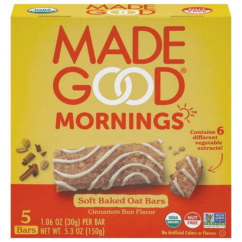 MadeGood Mornings Soft Baked Cinnamon Bun Flavor Oat Bars
