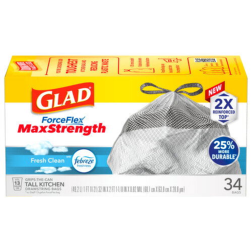 Glad ForceFlex Bags, Drawstring, Kitchen, Max Strength, Fresh Clean, 13 Gallon, Tall