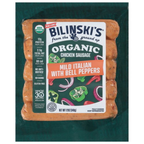 Bilinski's Chicken Sausage, Organic, Mild Italian with Bell Peppers