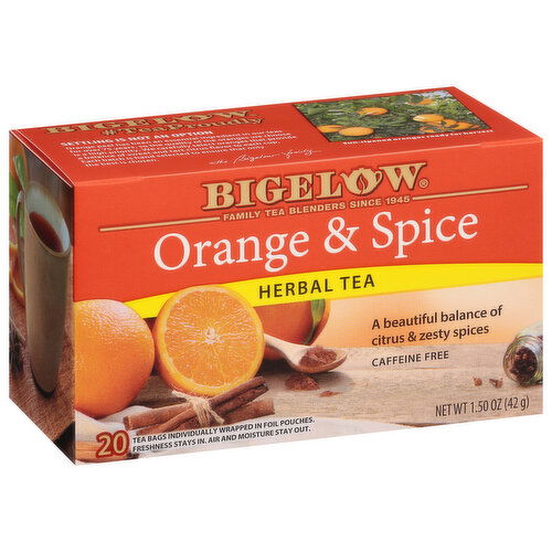 Bigelow Herbal Tea, Orange & Spice, Caffeine Free, Tea Bags