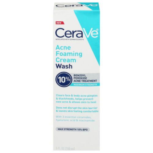 CeraVe Cream Wash, Acne, Foaming, Maximum Strength, 10% Benzoyl Peroxide