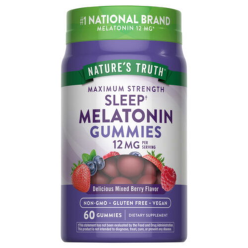Nature's Truth Gummies Maximum Strength Delicious Mixed Berry Flavor 12 mg Sleep Melatonin