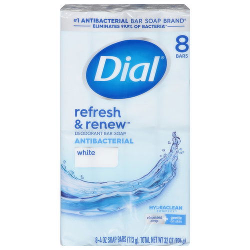 Dial Refresh & Renew Bar Soap, Deodorant, Antibacterial, White