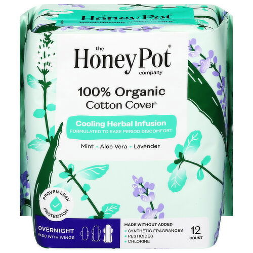 The Honey Pot Company 100% Organic Cotton Cover Cooling Herbal Infusion Overnight Pads with Wings