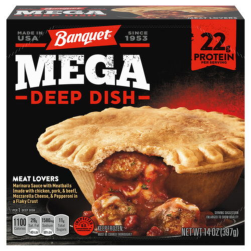 Banquet Mega Mega Frozen Meal, Meat Lovers Deep Dish