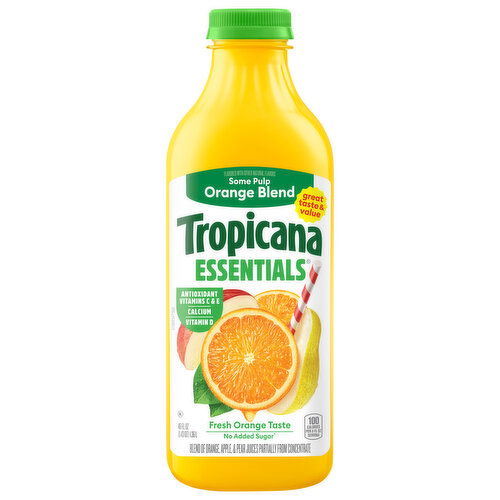 Tropicana Essentials Juice, No Sugar Added, Orange Blend, Some Pulp