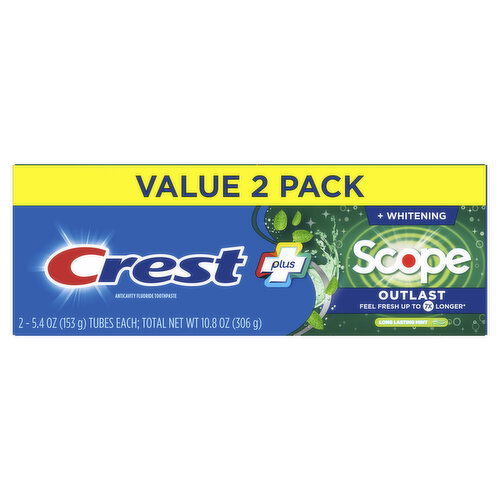 Crest Whitening Plus Scope Plus Scope Outlast Toothpaste, Long Lasting Mint, 5.4 oz, 2 Pack