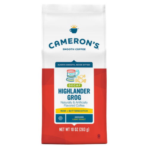 Camerons Coffee, Smooth, Ground, Light Roast, Highlander Grog, Decaf