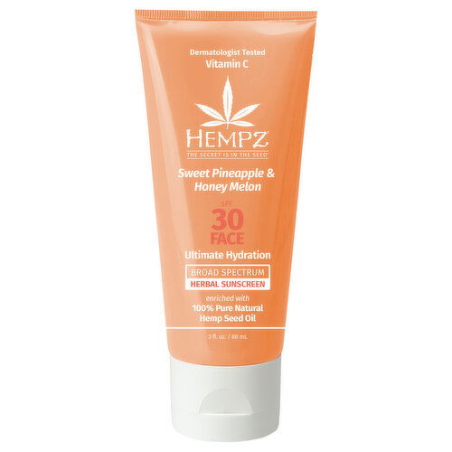 Hempz Sunscreen, Herbal, Sweet Pineapple & Honey Melon, Ultimate Hydration, Face, Broad Spectrum SPF 30
