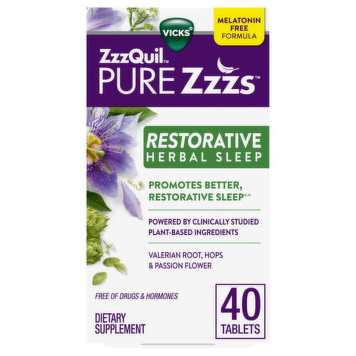 Vicks PURE Zzzs Vicks PURE Zzzs Restorative Herbal Sleep, Melatonin Free Sleep Aid, Dietary Supplement, 40 Tablets