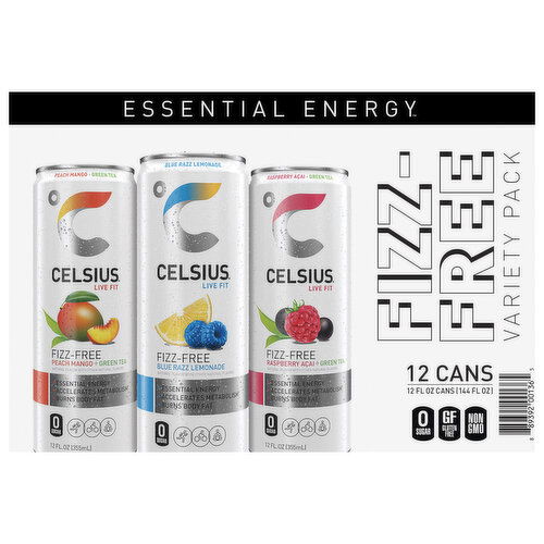 Celsius Live Fit Fizz-Free Peach Mango + Green Tea/Blue Razz Lemonade/Raspberry Acai + Green Tea Energy Drink Variety Pack
