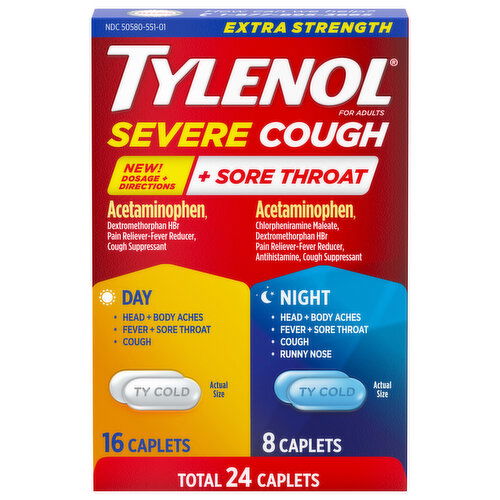 Tylenol Severe Cough + Sore Throat, Extra Strength, Day/Night, Caplets