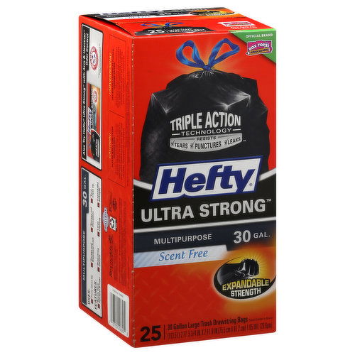 Hefty Trash Drawstring Bags, Multipurpose, Scent Free, Ultra Strong, Large, 30 Gallon