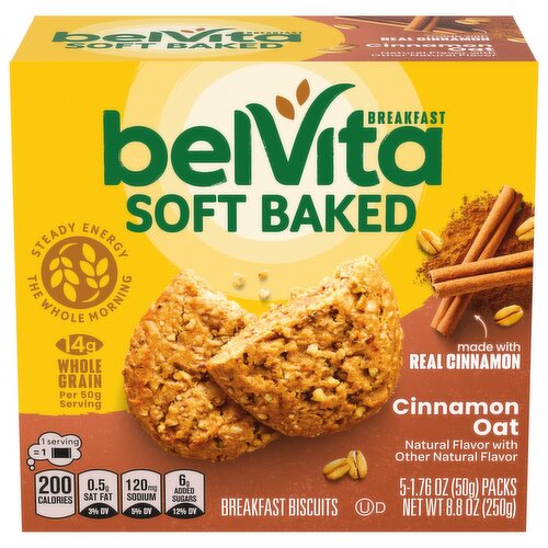 BELVITA Soft Baked Cinnamon Oat Breakfast Biscuits, Chewy Breakfast Bars, 5 Packs (1 Biscuit Per Pack)