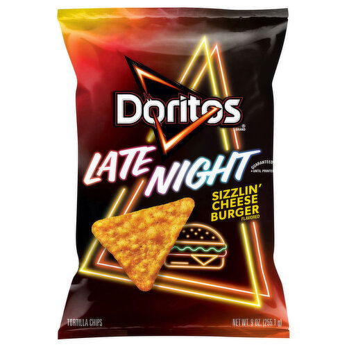 Doritos Tortilla Chips, Sizzlin' Cheese Burger Flavored, Late Night