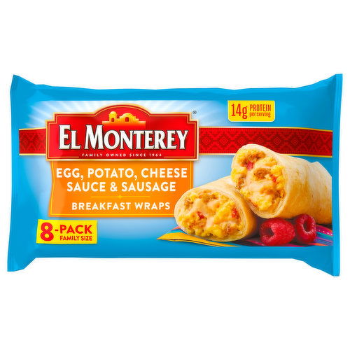 El Monterey Breakfast Wraps, Egg, Potato, Cheese Sauce & Sausage, 8-Pack Family Size