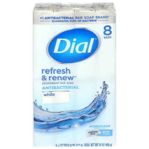 Dial Refresh & Renew Bar Soap, Deodorant, Antibacterial, White
