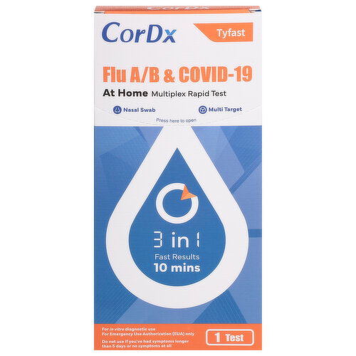 CorDx Tyfast Multiplex Rapid Test, At Home, Flu A/B & COVID-19