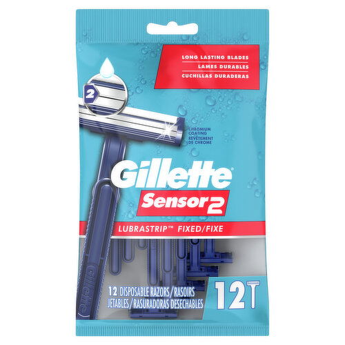 Gillette Sensor2 Fixed Head Men's Disposable Razors, 12 Count