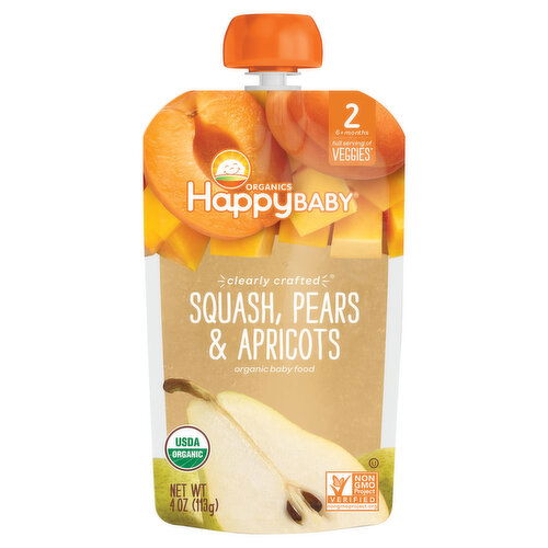 HappyBaby Organics Baby Food, Organic, Squash, Pears & Apricots, Clearly Crafted, 2 (6+ Months)