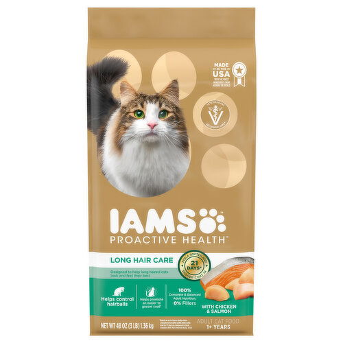 IAMS Proactive Health Cat Food, Long Hair Care, with Chicken & Salmon, Adult 1+ Years