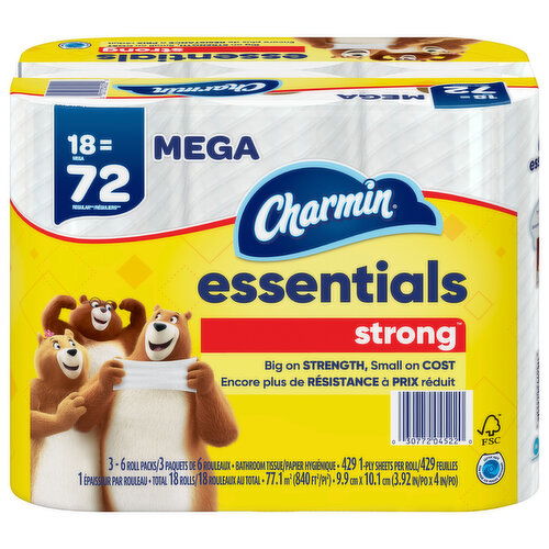 Charmin Essentials Bathroom Tissue, Mega Rolls, Strong, Unscented, 1-Ply