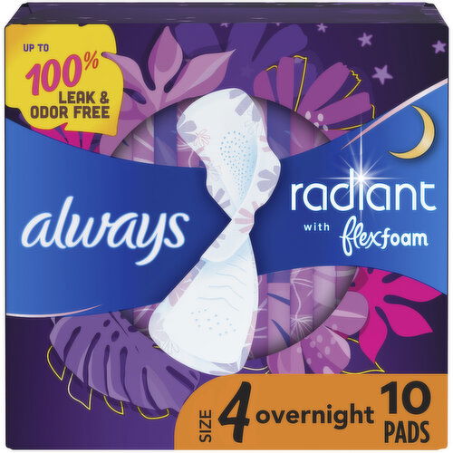Always Radiant Always Radiant with FlexFoam Pads, Size 4, Overnight, Wings, 10 CT