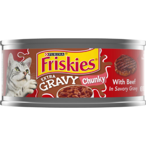 Friskies Cat Food, with Beef in Savory Gravy, Extra Gravy, Chunky