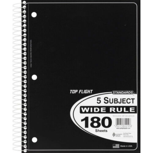 Top Flight Standards 5 Subject Notebook, Wide Rule