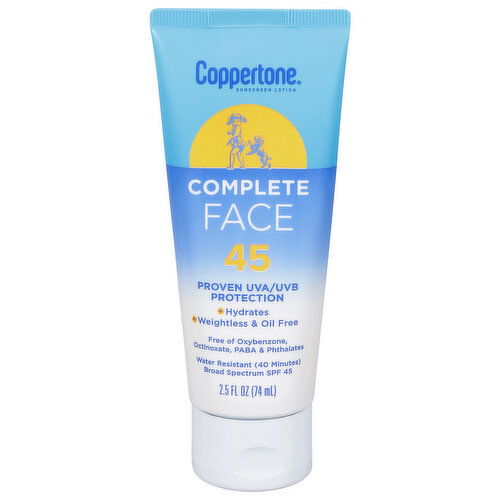 Coppertone Complete Sunscreen Lotion, Face, Broad Spectrum SPF 45