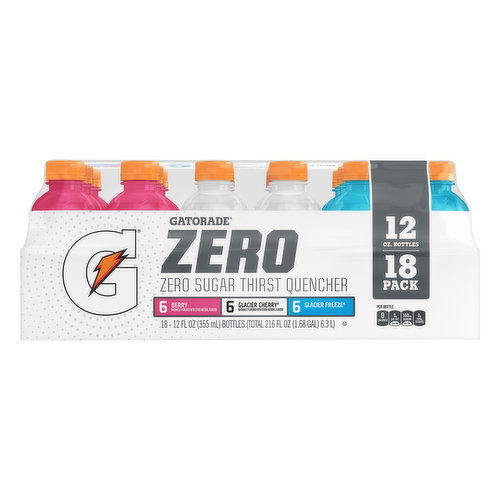 Gatorade Zero Thirst Quencher, Zero Sugar, Berry/Glacier Cherry/Glacier Freeze, 18 Pack